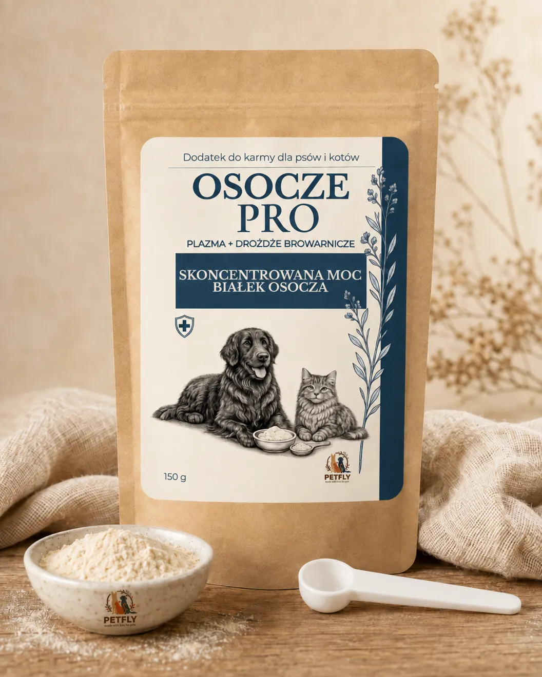 Saszetka Osocze Pro na drewnianym stole, obok miseczka plazmy i miarka