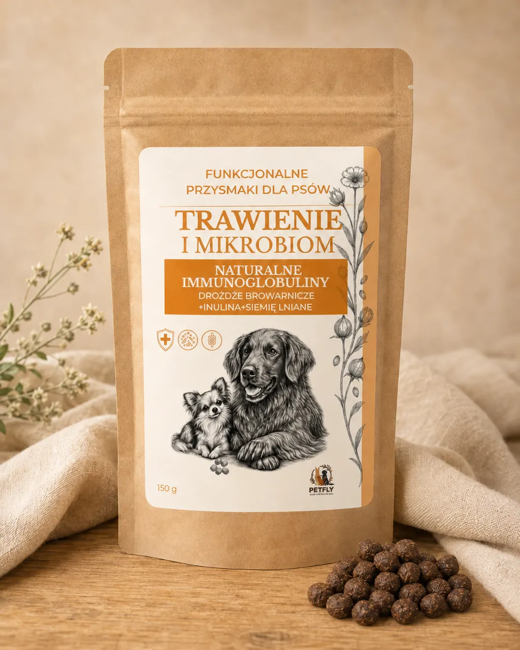 Saszetka Trawienie i Mikrobiom na drewnianym stole z przysmakami